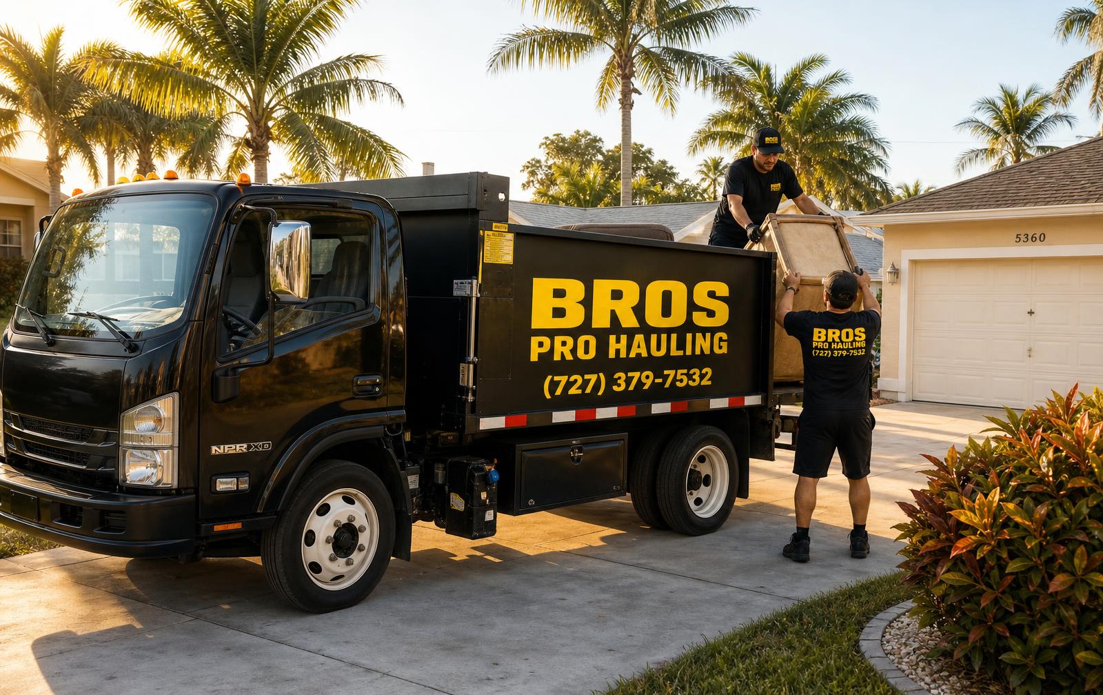 Bros Pro Hauling truck being loaded with old furniture at a St. Petersburg home